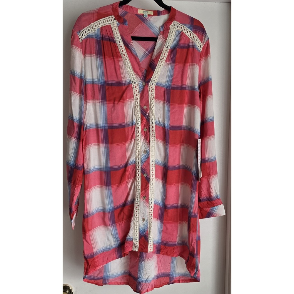 Kori America Blouse S Red White Blue Plaid Lace Long Sleeve Boho Top NWT